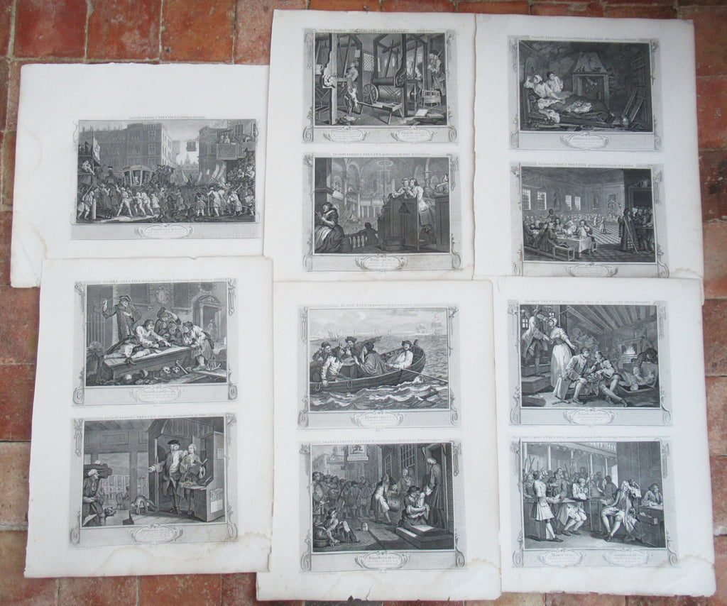 Eleven (of 12) original antique prints by William Hogarth, Industry and Idleness