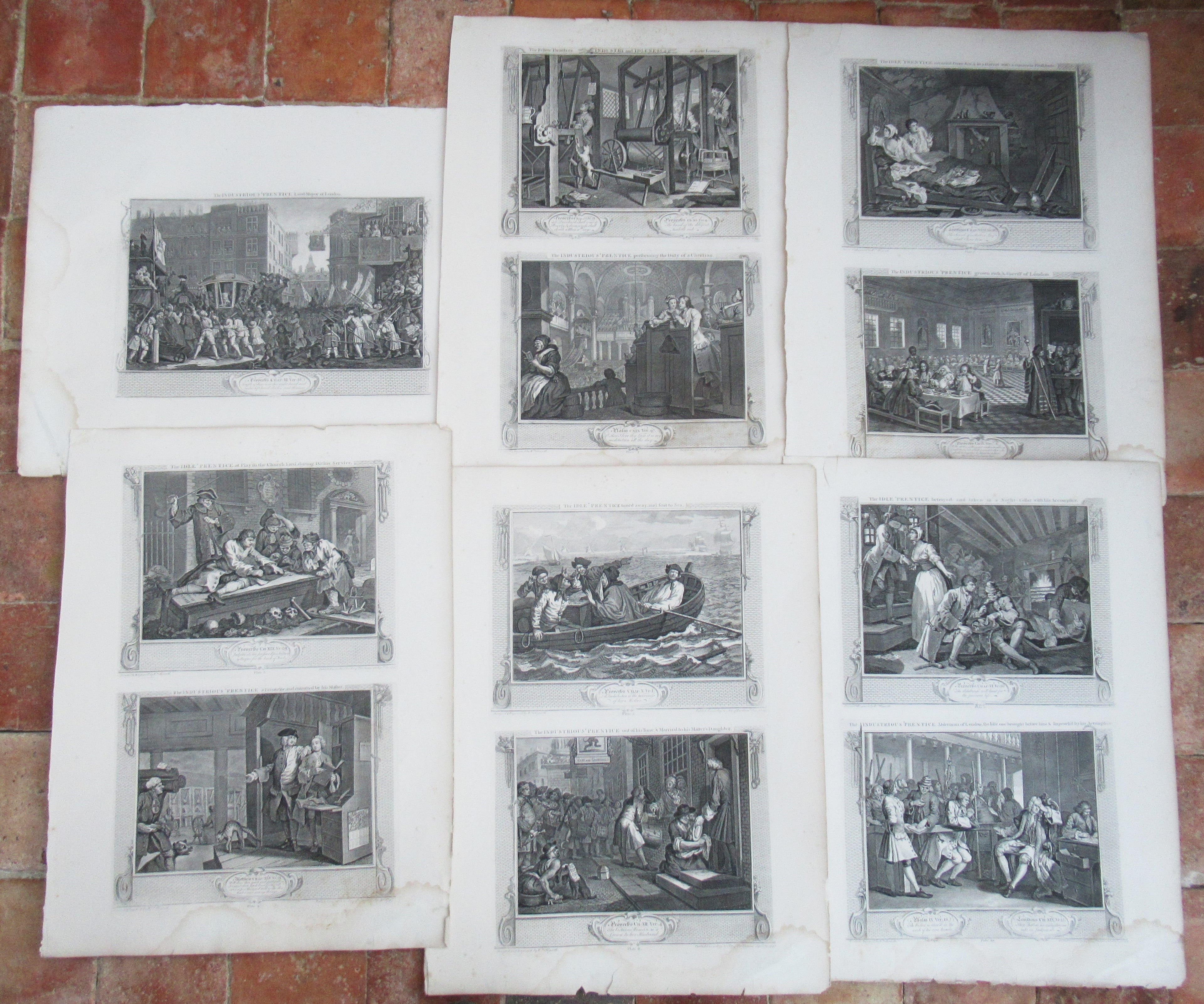 Eleven (of 12) original antique prints by William Hogarth, Industry and Idleness