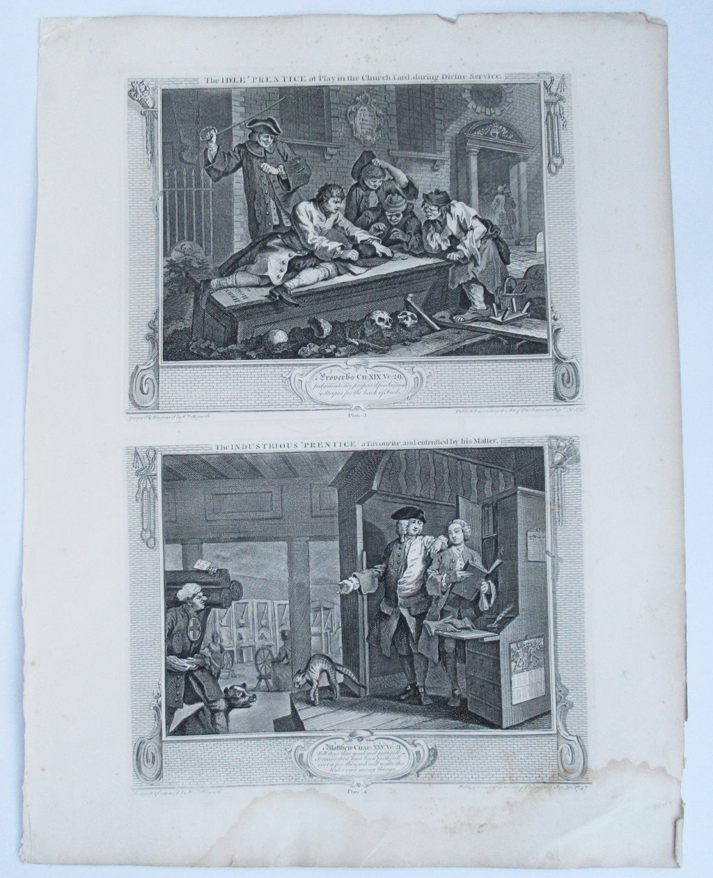 Eleven (of 12) original antique prints by William Hogarth, Industry and Idleness
