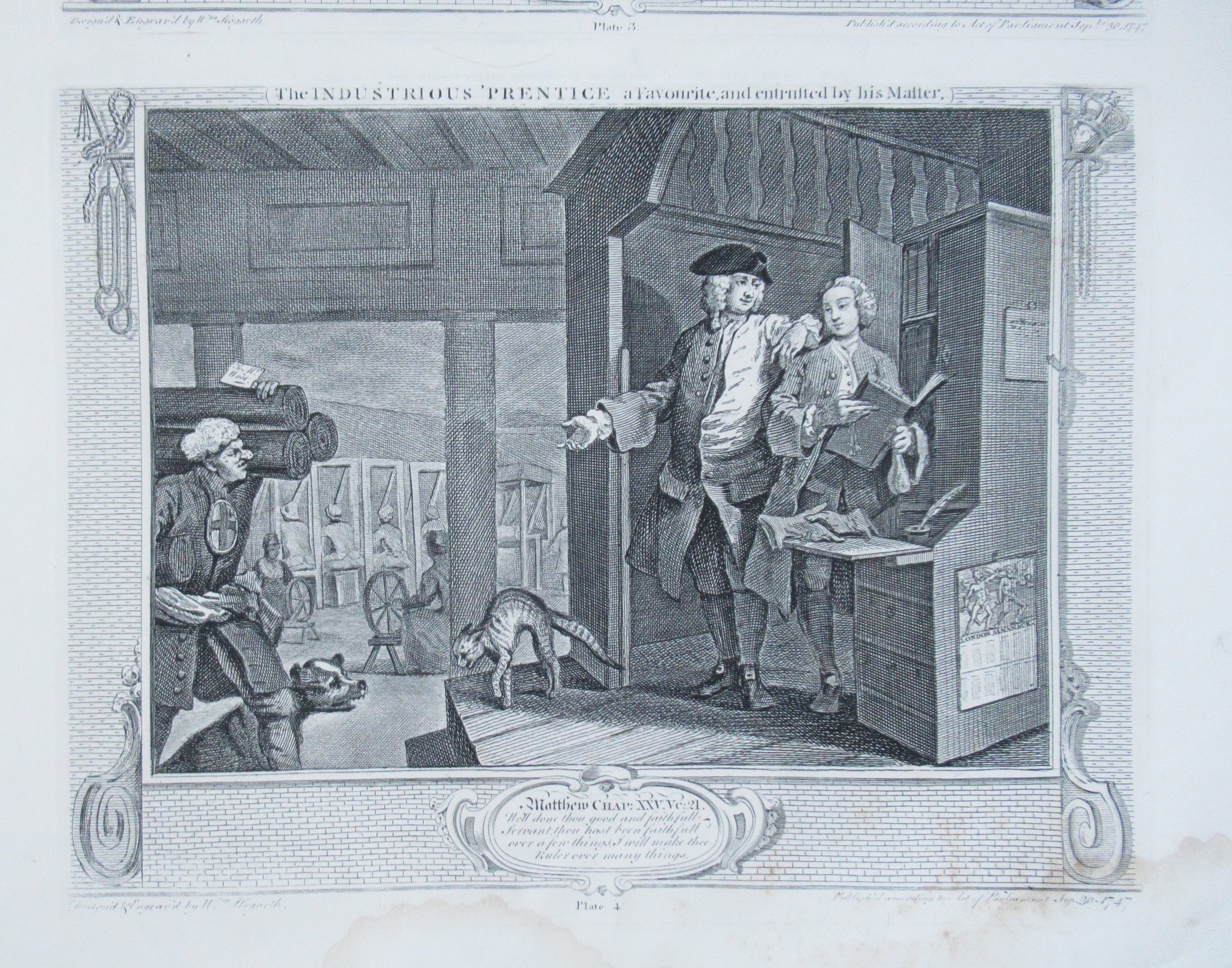 Eleven (of 12) original antique prints by William Hogarth, Industry and Idleness