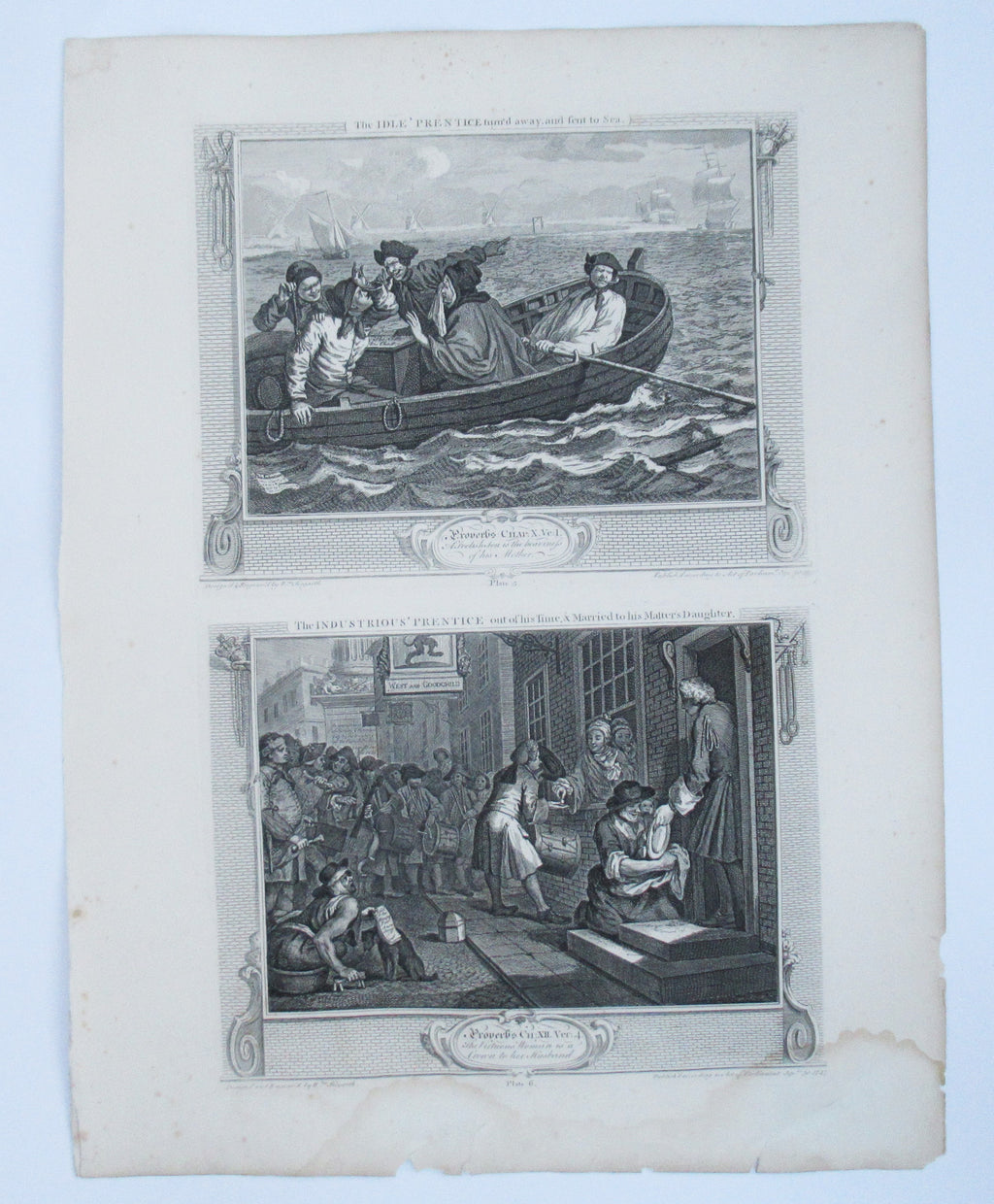 Eleven (of 12) original antique prints by William Hogarth, Industry and Idleness