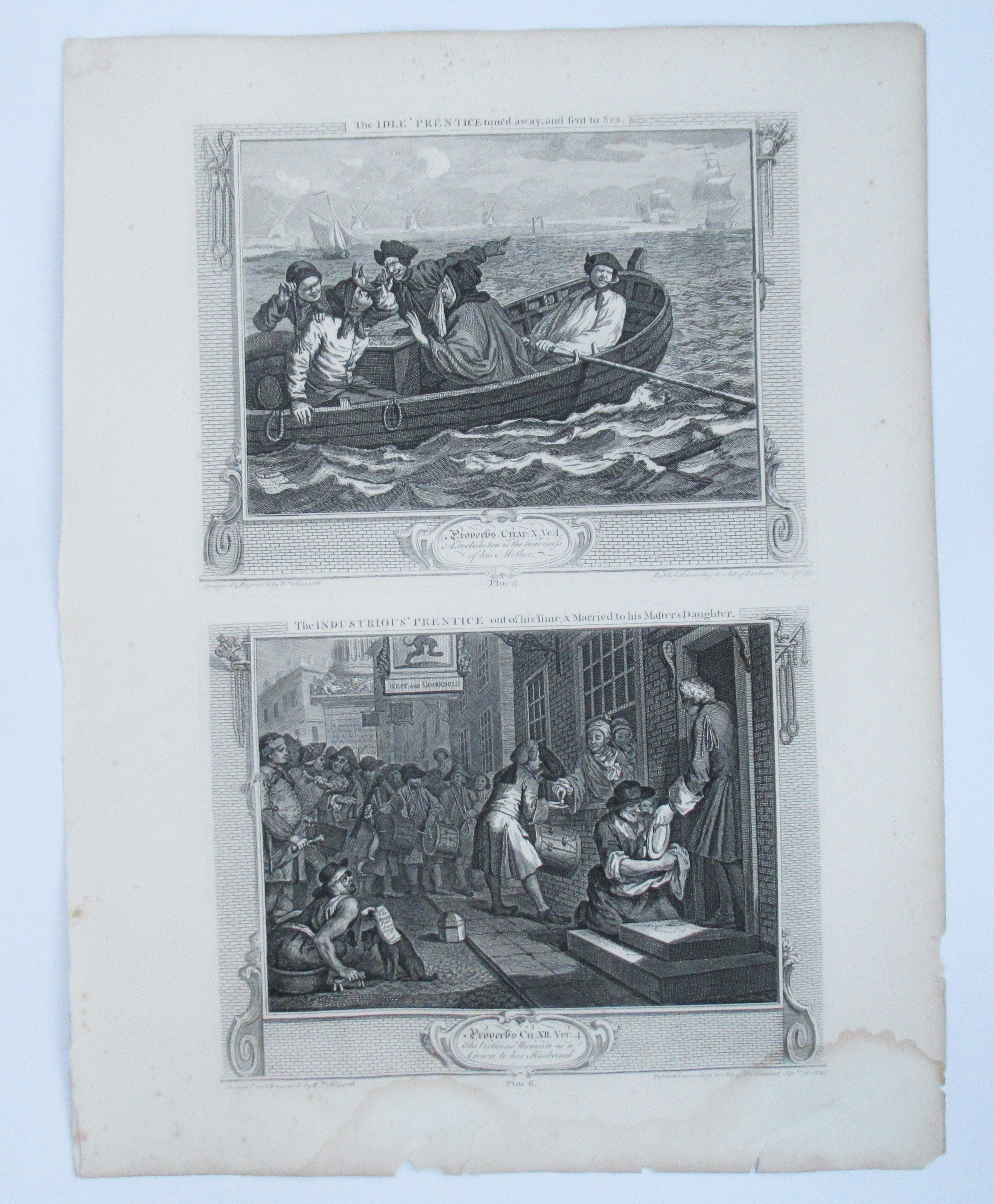 Eleven (of 12) original antique prints by William Hogarth, Industry and Idleness
