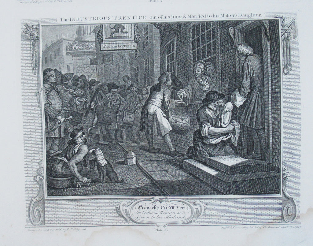 Eleven (of 12) original antique prints by William Hogarth, Industry and Idleness