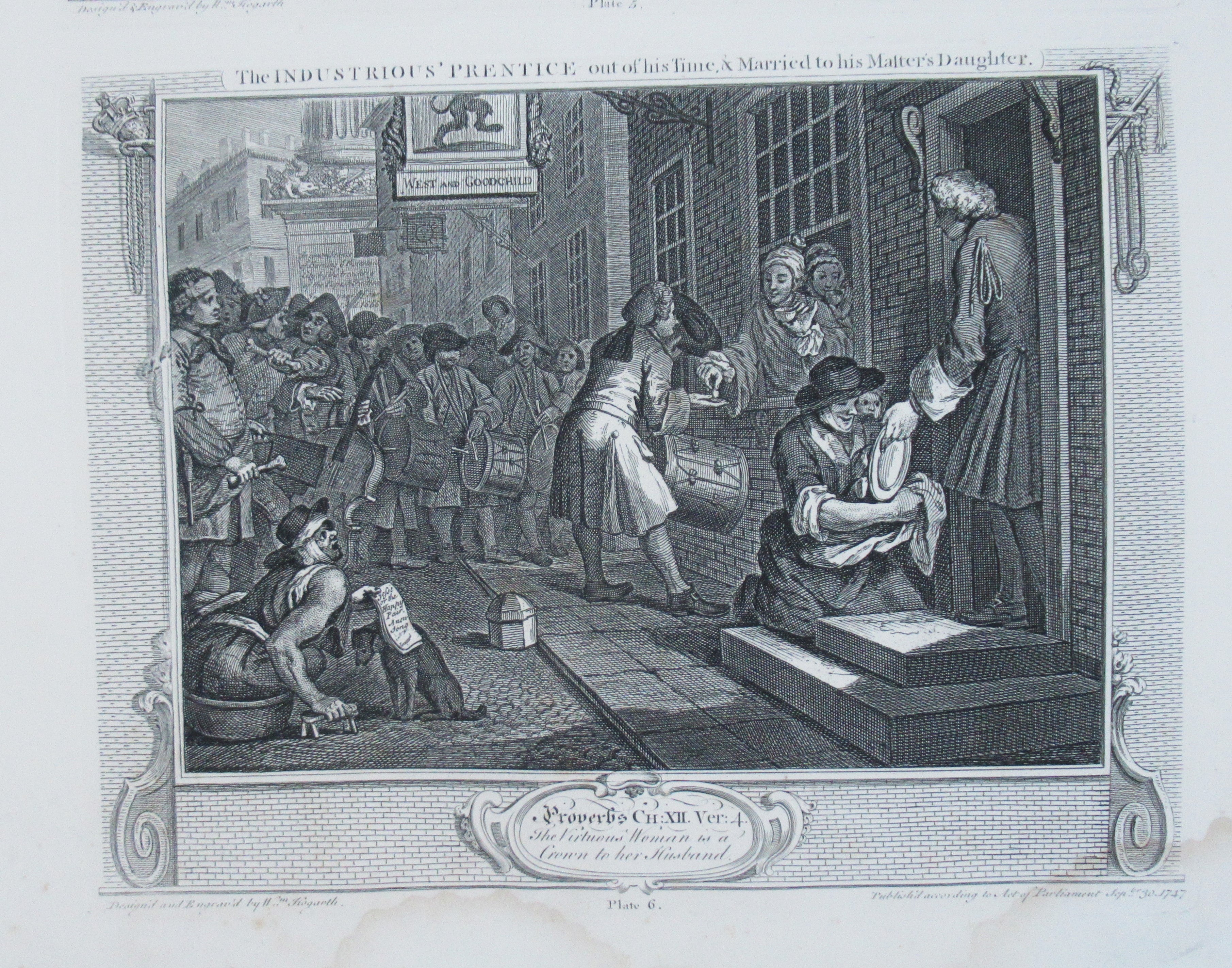 Eleven (of 12) original antique prints by William Hogarth, Industry and Idleness