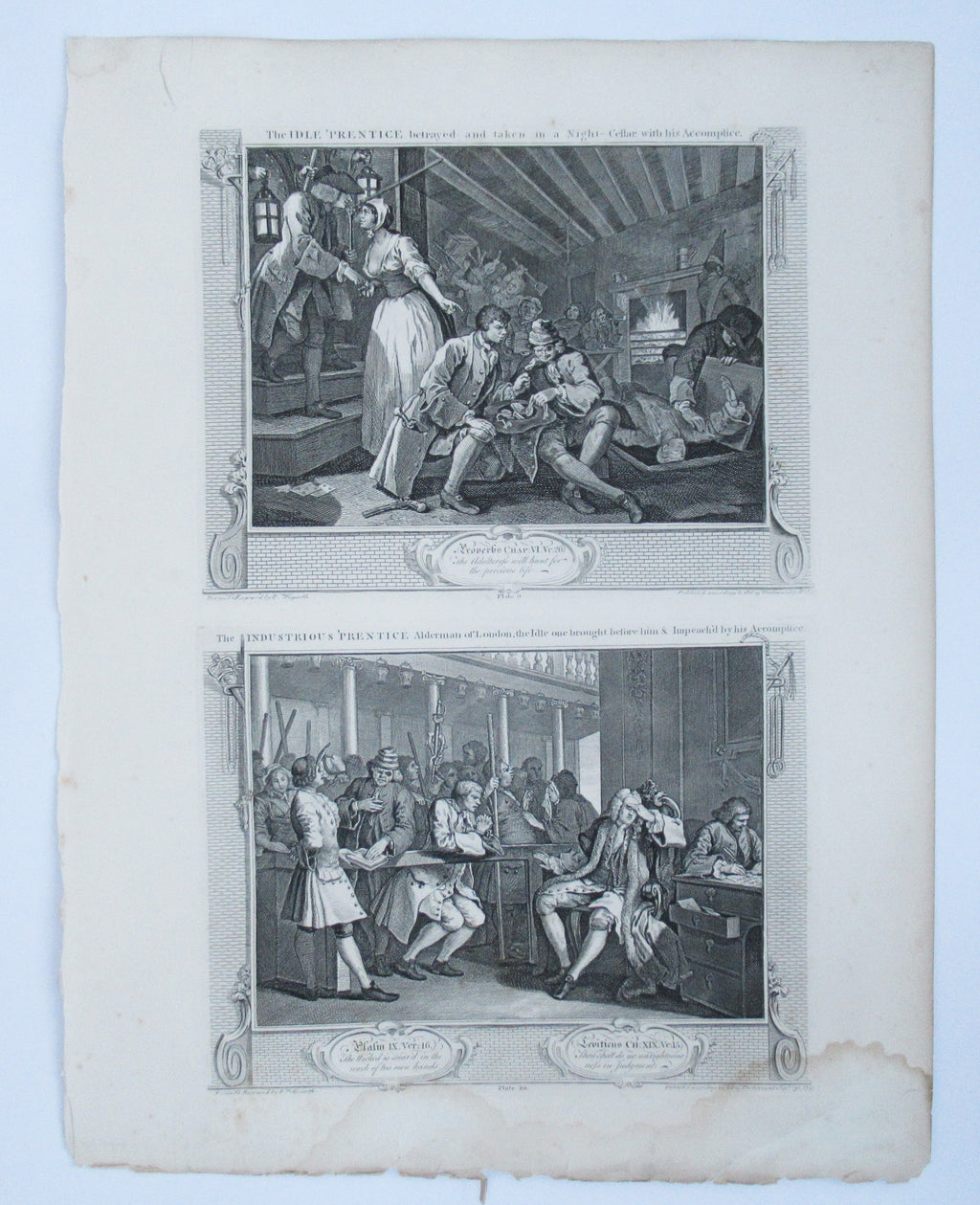 Eleven (of 12) original antique prints by William Hogarth, Industry and Idleness