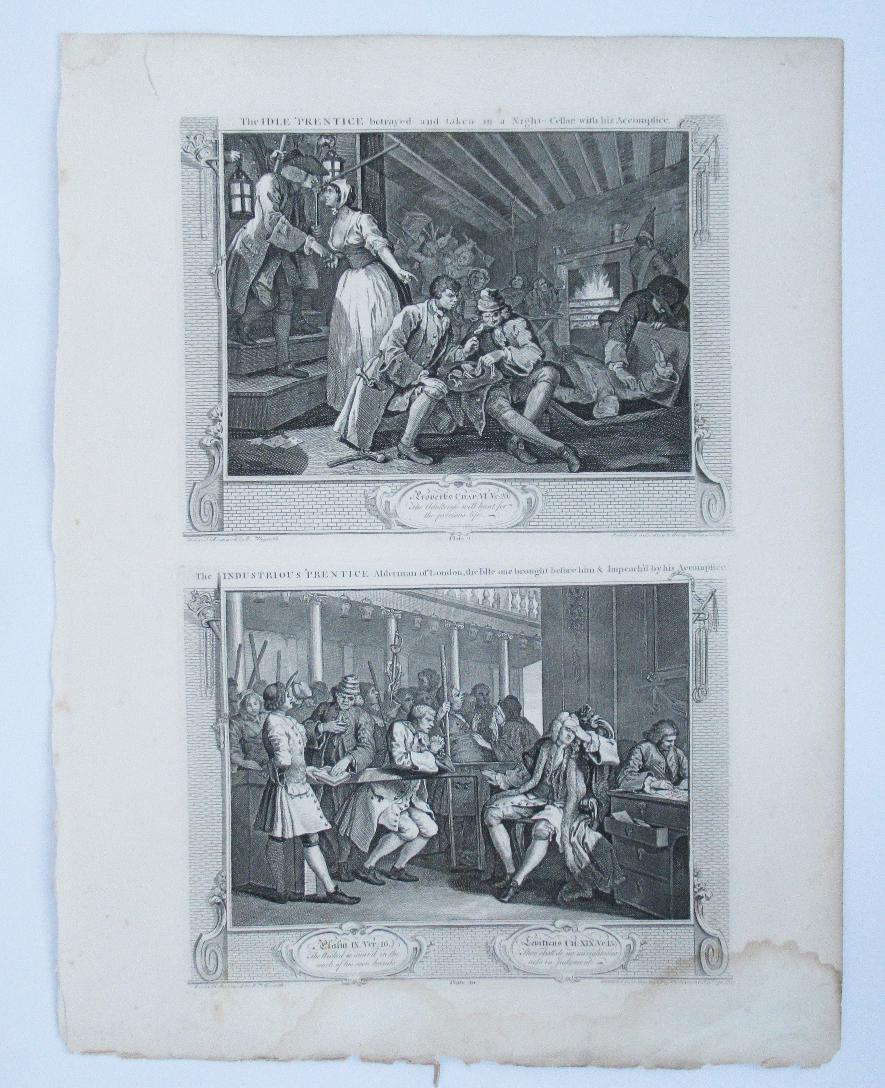 Eleven (of 12) original antique prints by William Hogarth, Industry and Idleness