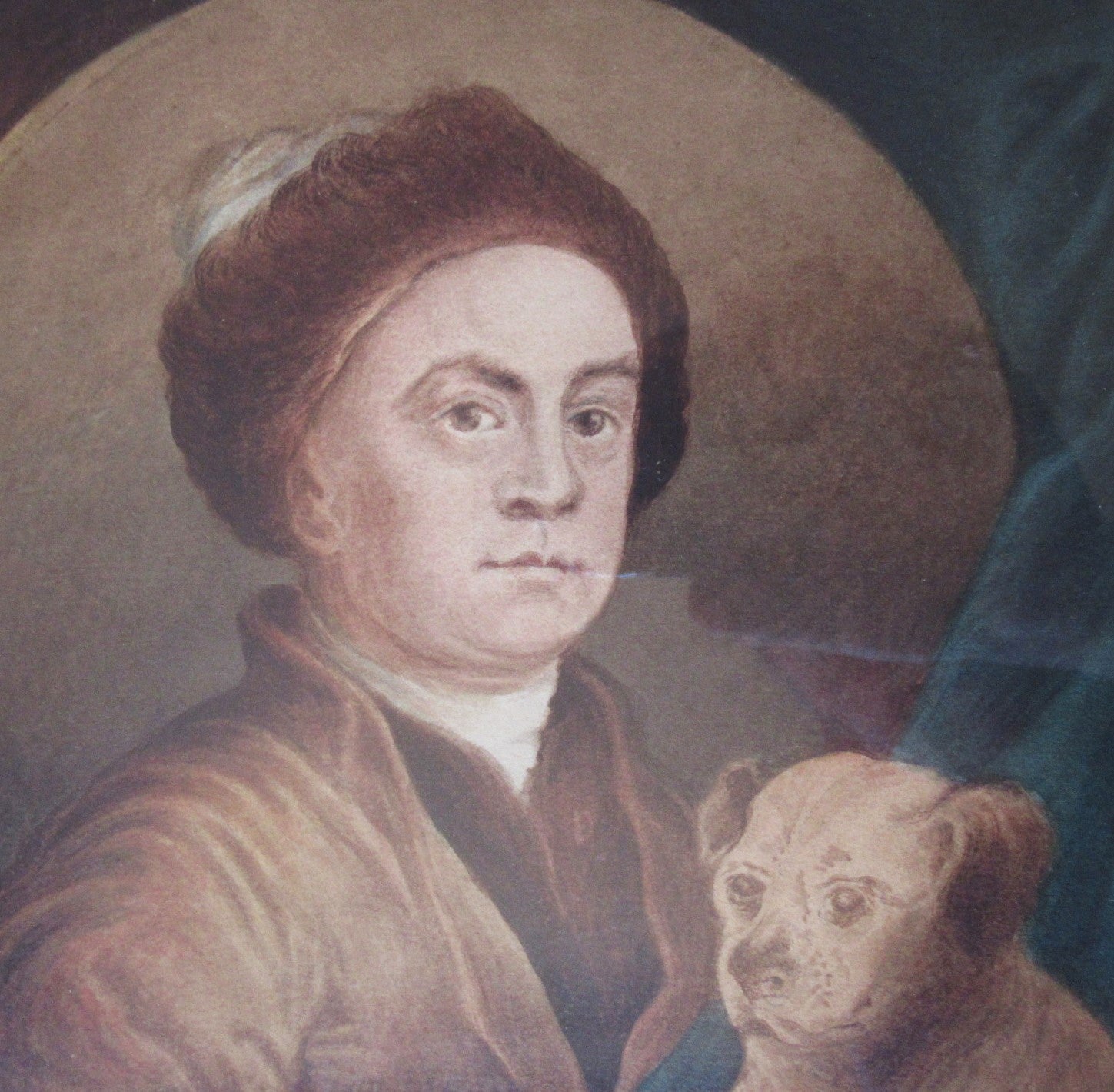 19th century watercolour portrait of William Hogarth with his dog Trump, framed