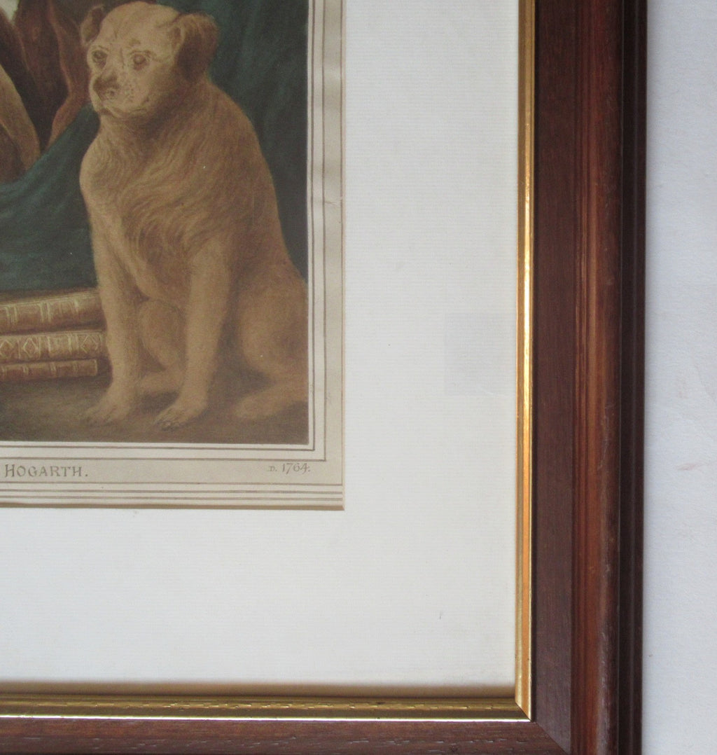 19th century watercolour portrait of William Hogarth with his dog Trump, framed