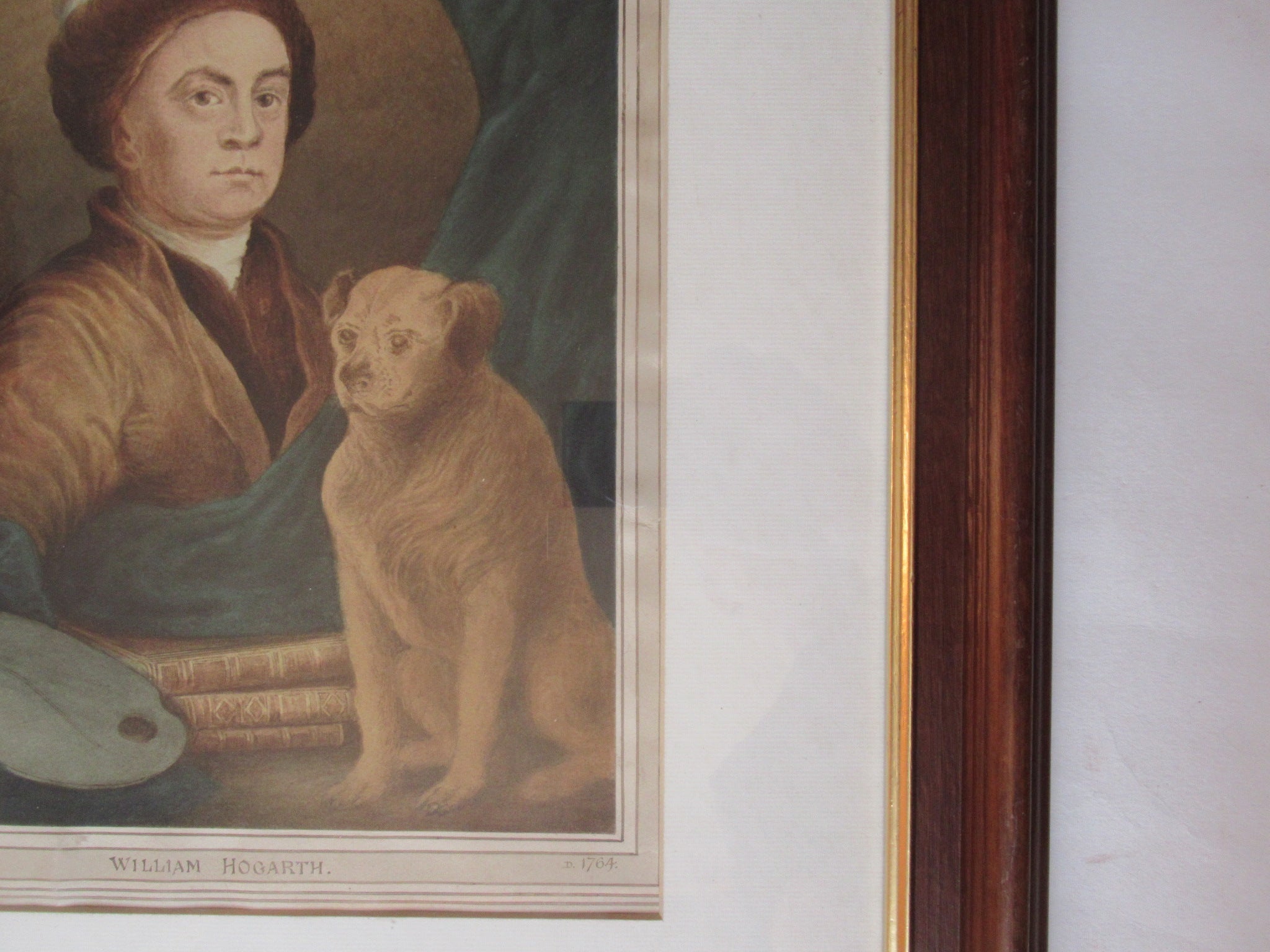 19th century watercolour portrait of William Hogarth with his dog Trump, framed