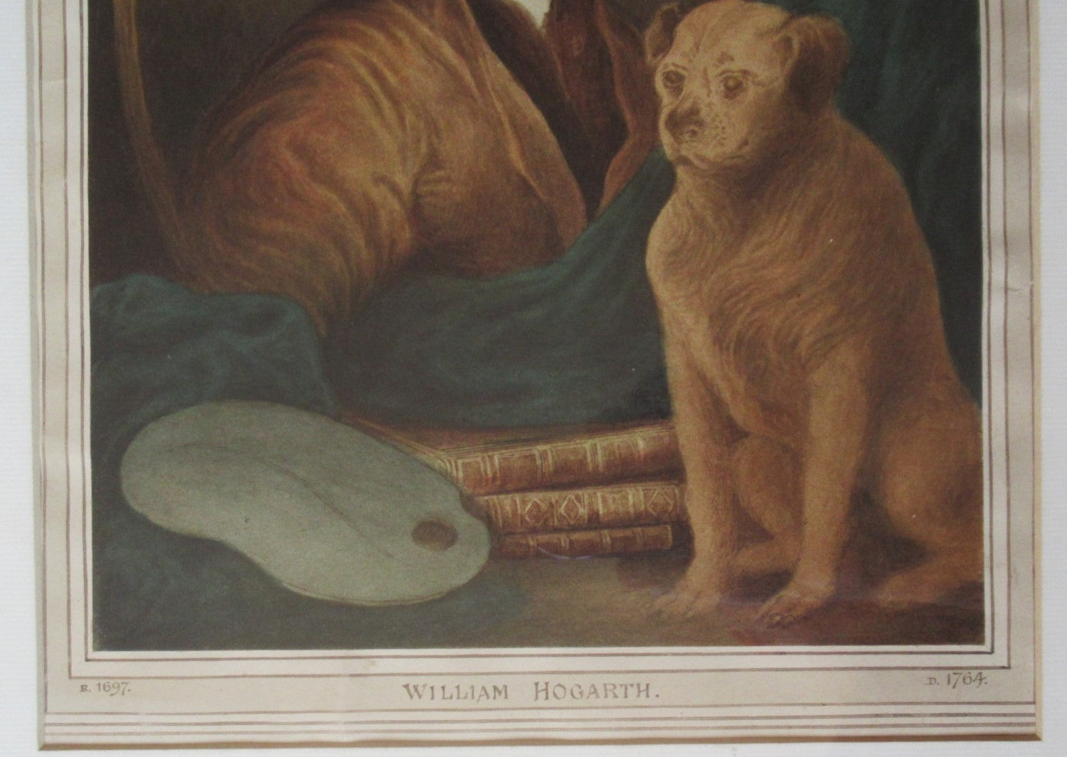 19th century watercolour portrait of William Hogarth with his dog Trump, framed