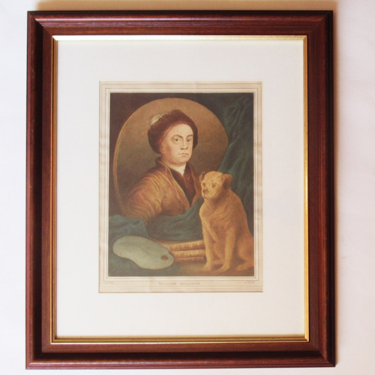 19th century watercolour portrait of William Hogarth with his dog Trump, framed