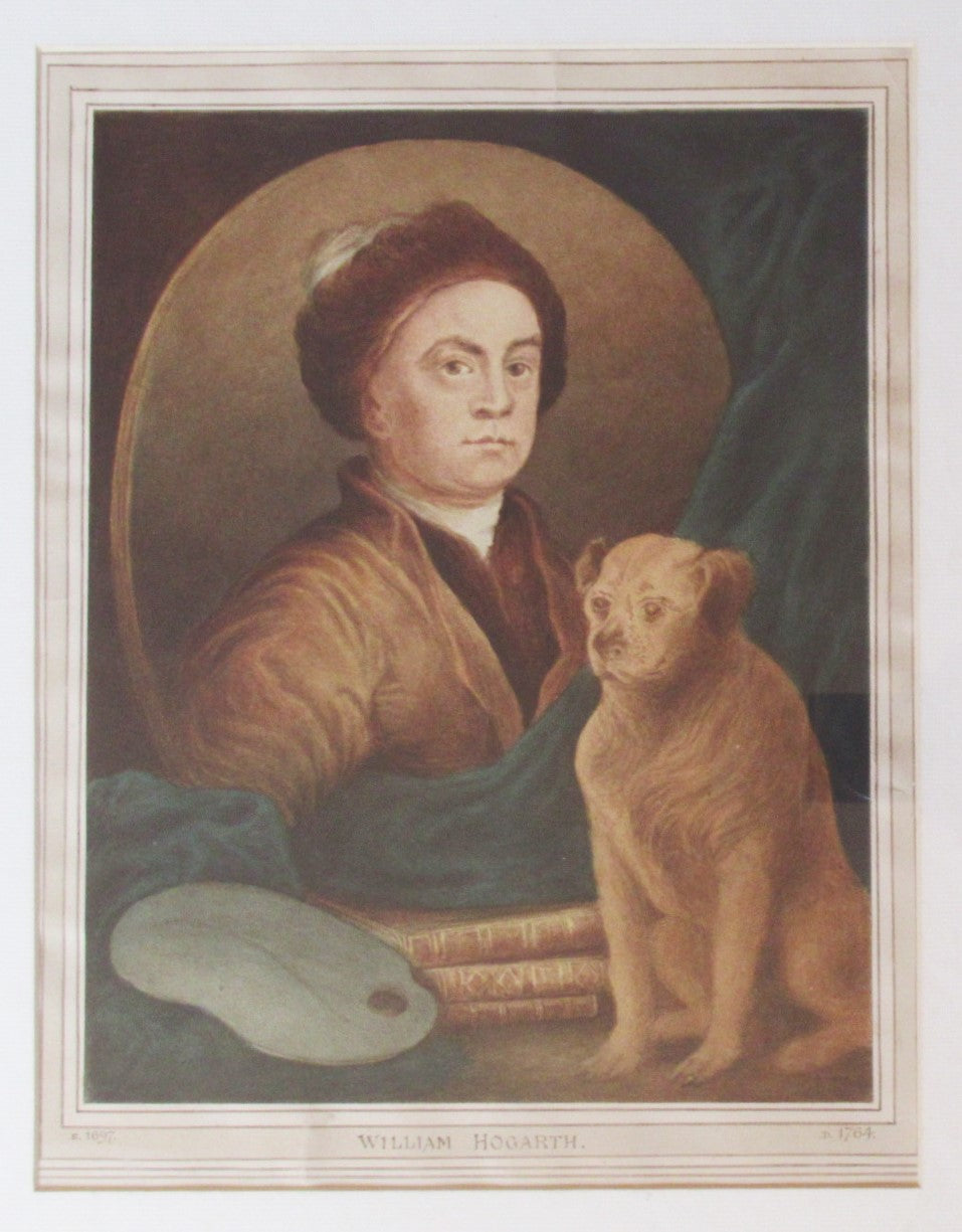 19th century watercolour portrait of William Hogarth with his dog Trump, framed