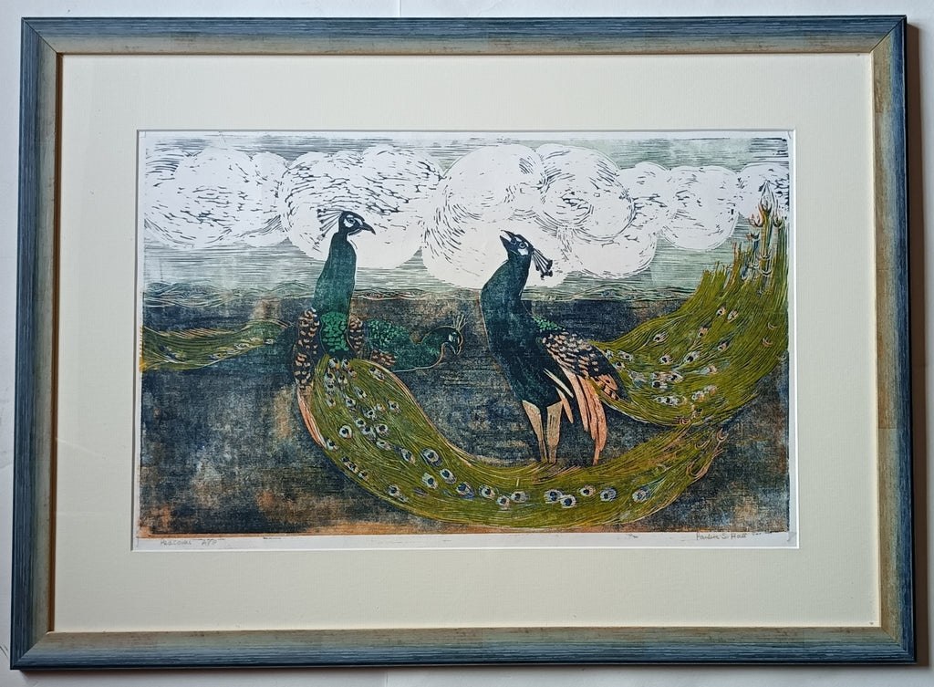 Pauline S Hall SWLA, Peacocks, woodcut print, artist's proof