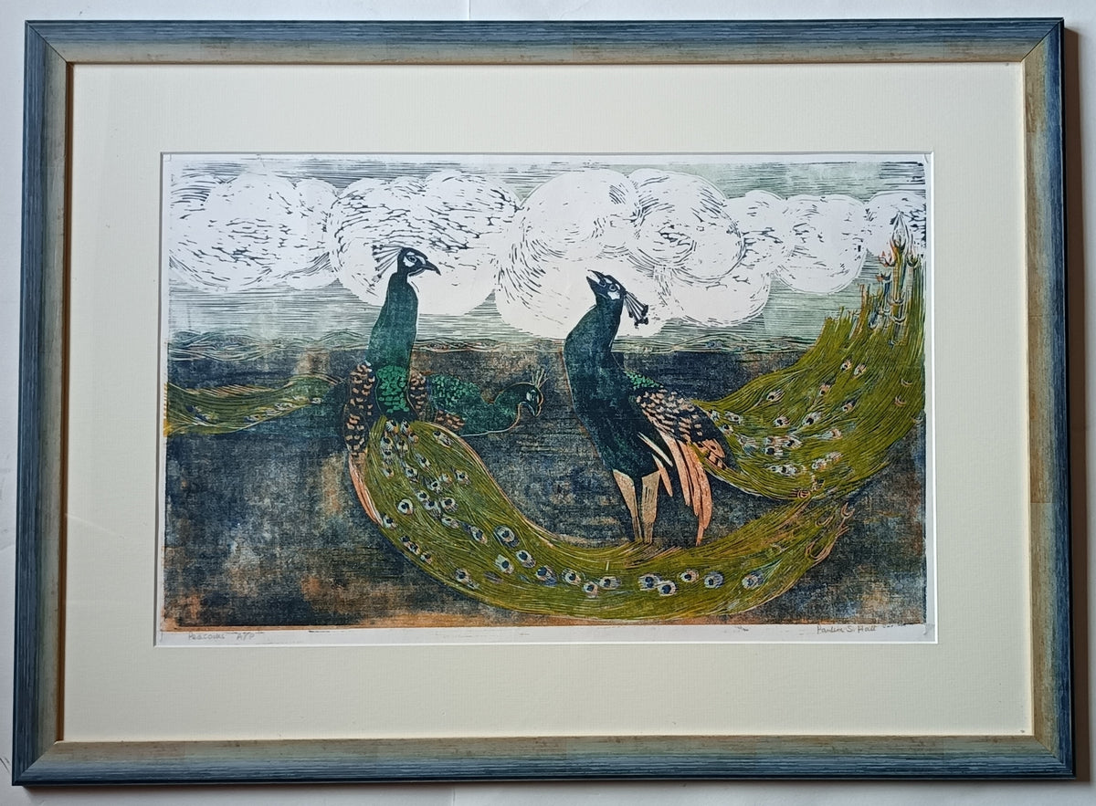Pauline S Hall SWLA, Peacocks, woodcut print, artist's proof