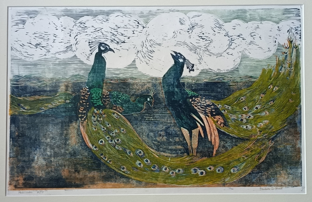 Pauline S Hall SWLA, Peacocks, woodcut print, artist's proof
