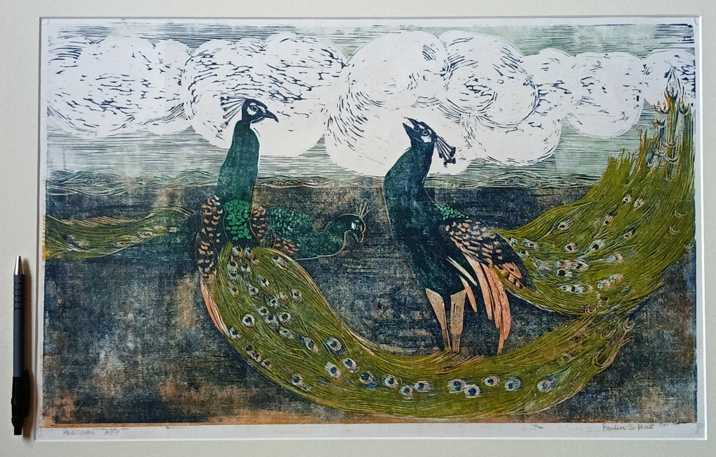 Pauline S Hall SWLA, Peacocks, woodcut print, artist's proof