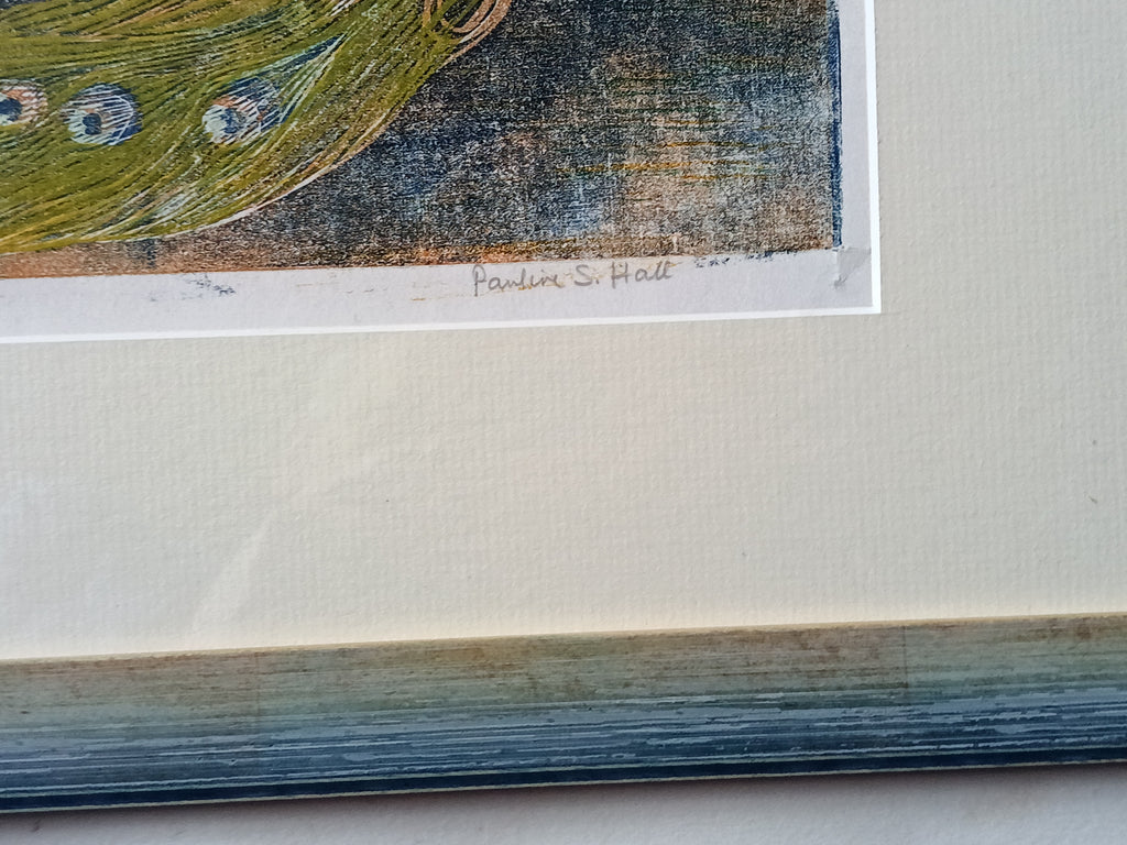 Pauline S Hall SWLA, Peacocks, woodcut print, artist's proof
