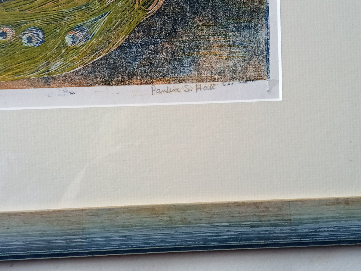 Pauline S Hall SWLA, Peacocks, woodcut print, artist's proof