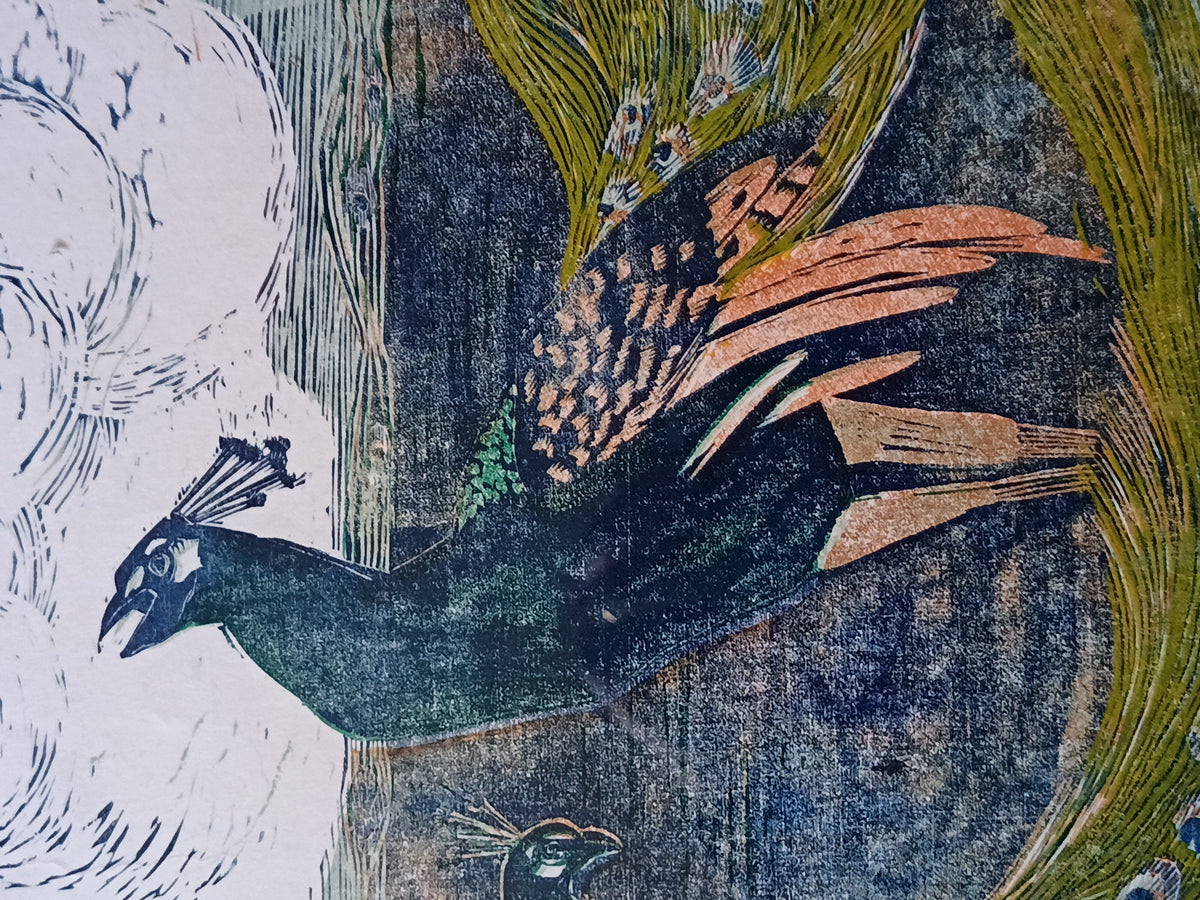 Pauline S Hall SWLA, Peacocks, woodcut print, artist's proof