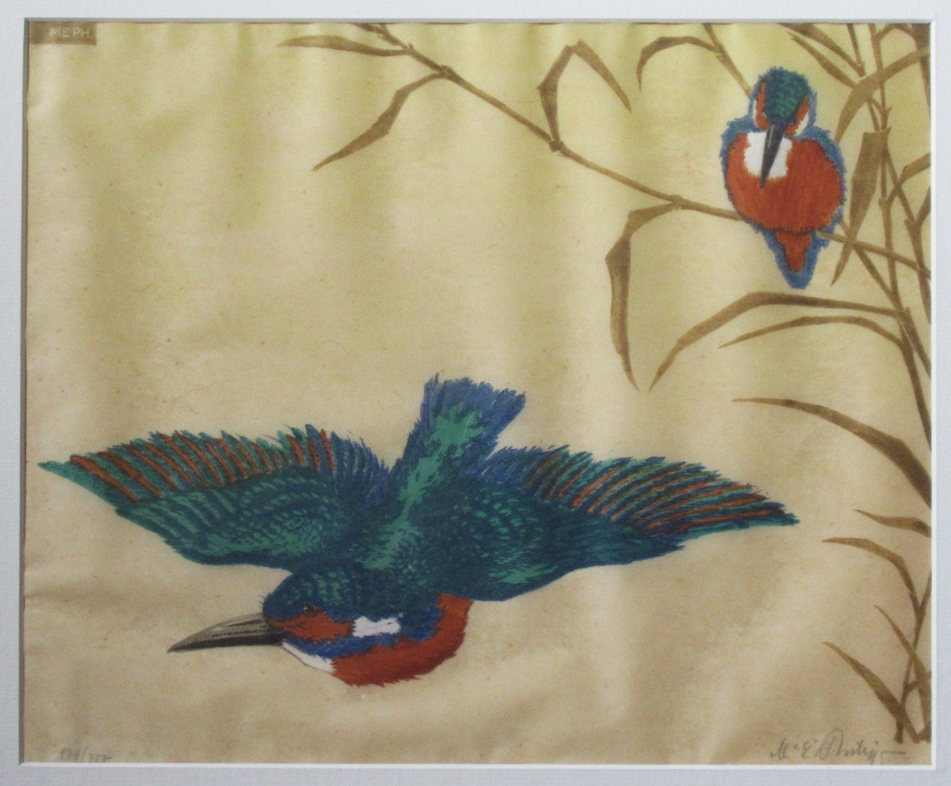 Martin Erich Philipp, original colour woodcut print, Kingfishers, c1935, framed