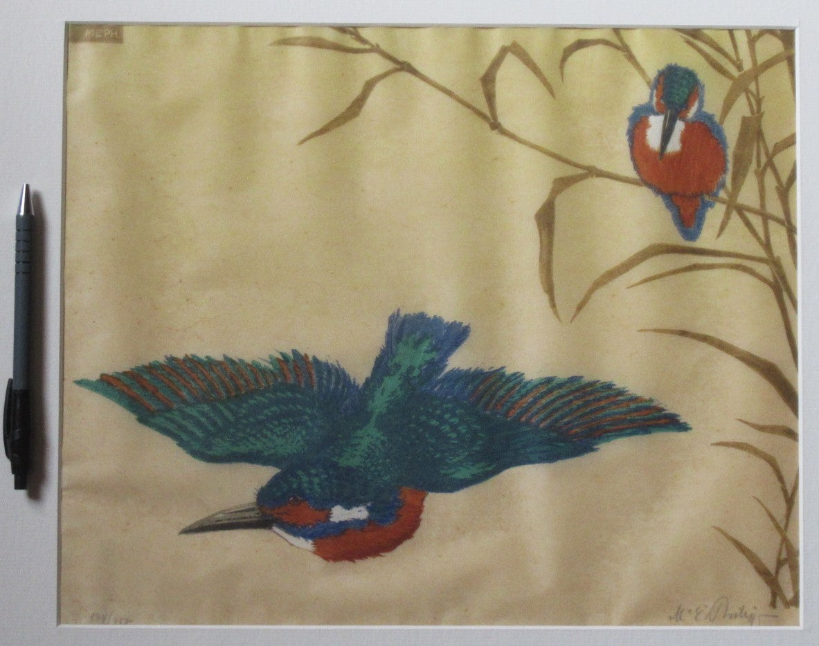 Martin Erich Philipp, original colour woodcut print, Kingfishers, c1935, framed