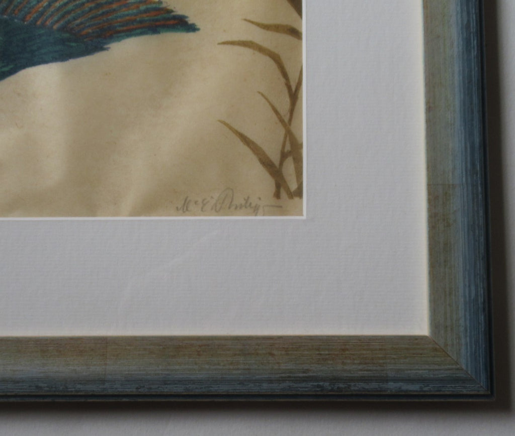 Martin Erich Philipp, original colour woodcut print, Kingfishers, c1935, framed