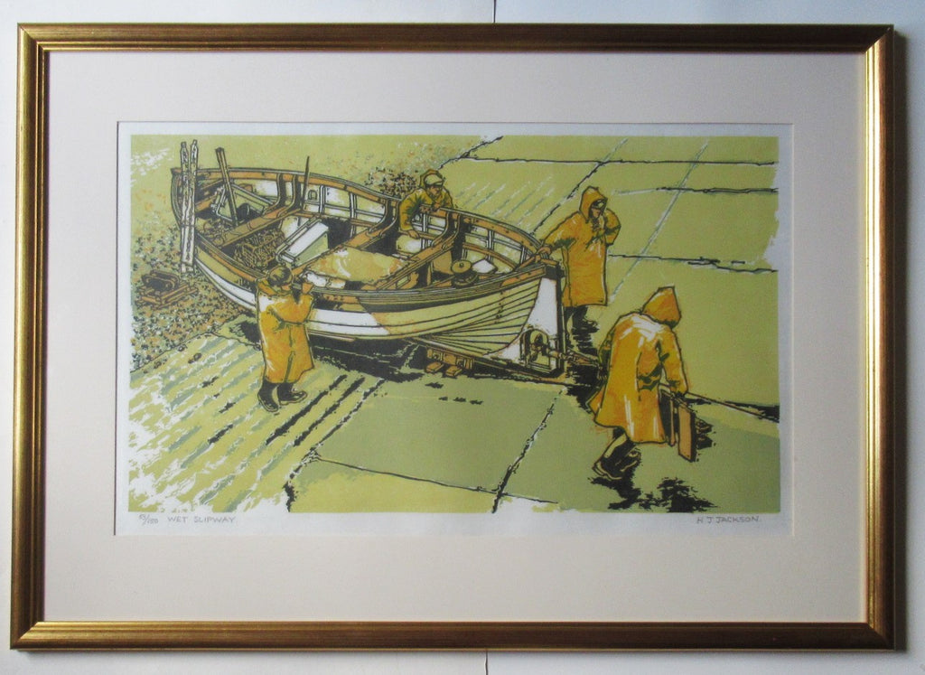 HJ Jackson, original linocut print, Wet Slipway, 2019, one of 150 copies, framed