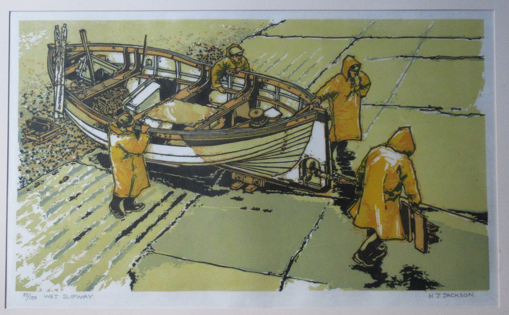HJ Jackson, original linocut print, Wet Slipway, 2019, one of 150 copies, framed