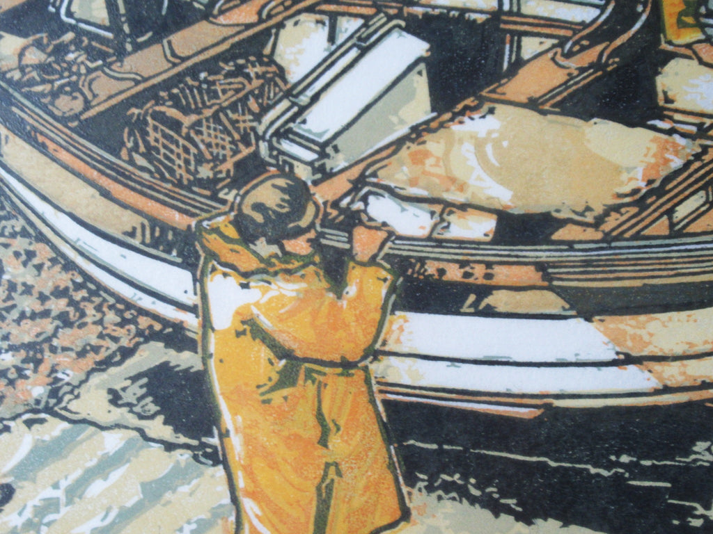 HJ Jackson, original linocut print, Wet Slipway, 2019, one of 150 copies, framed