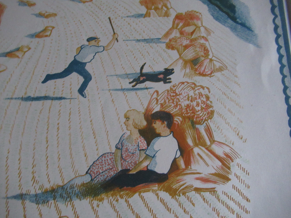 John Nash RA, original vintage 1946 print, lithograph, Harvesting, framed