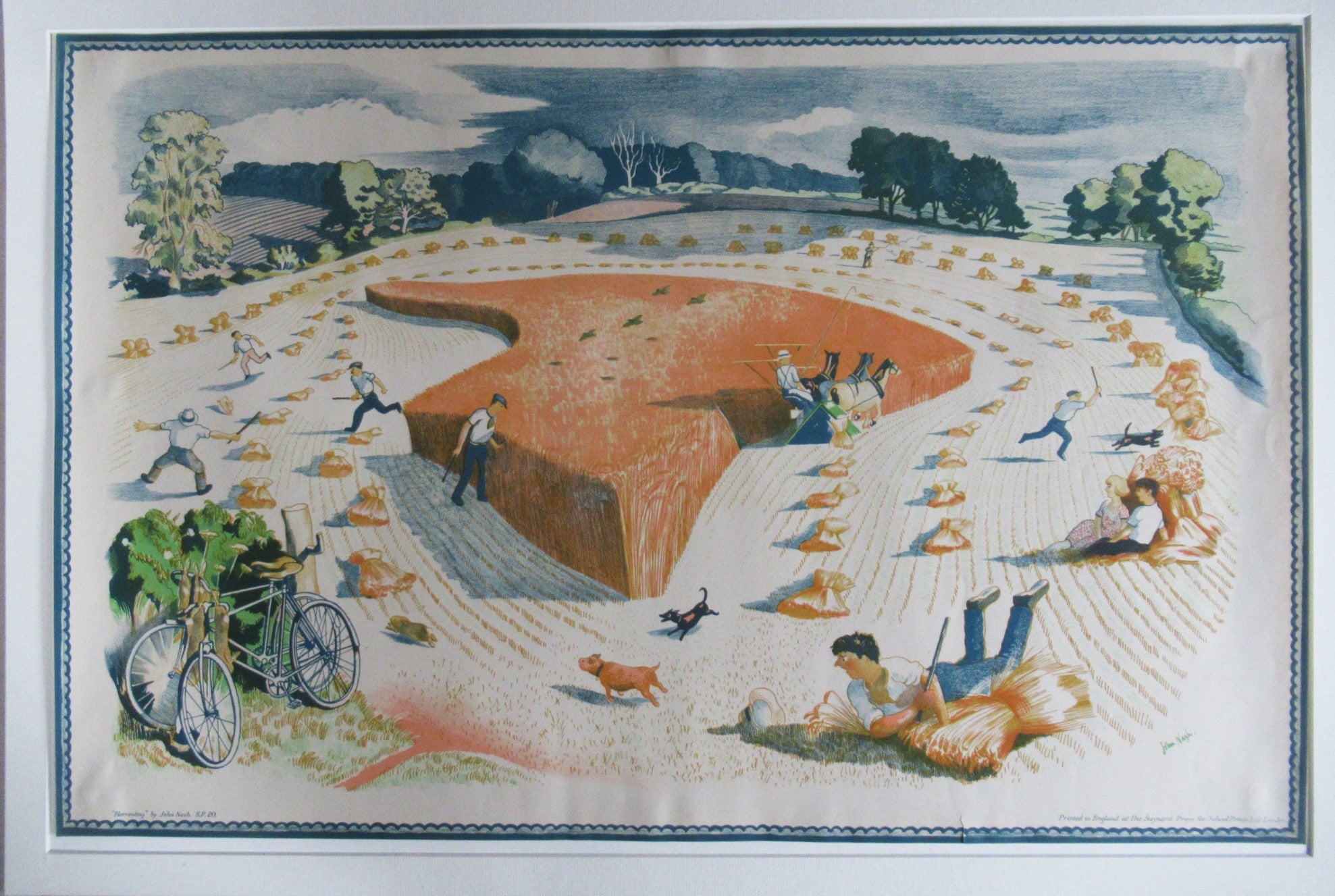 John Nash RA, original vintage 1946 print, lithograph, Harvesting, framed