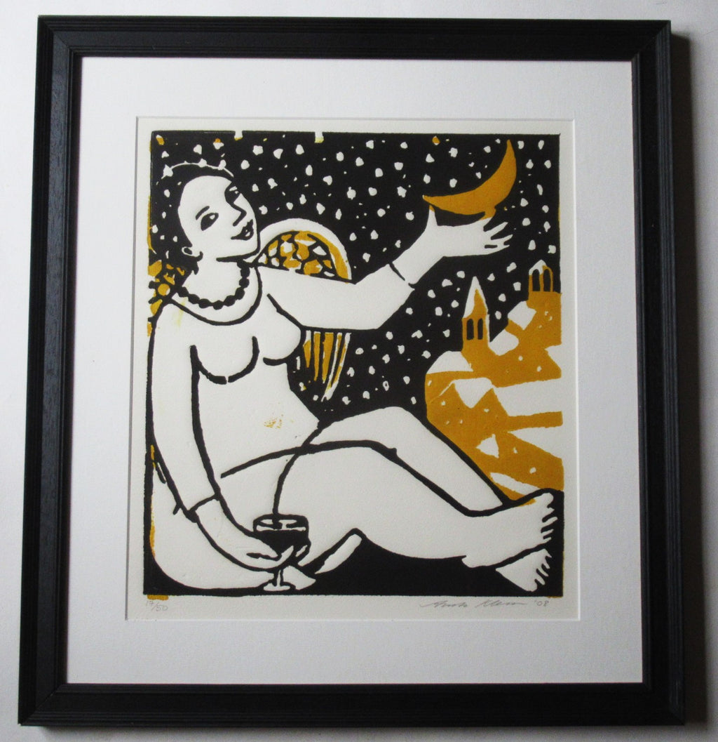 Anita Klein, 2008 woodcut print, 17 of 50, Angel of the Winter Moon, framed