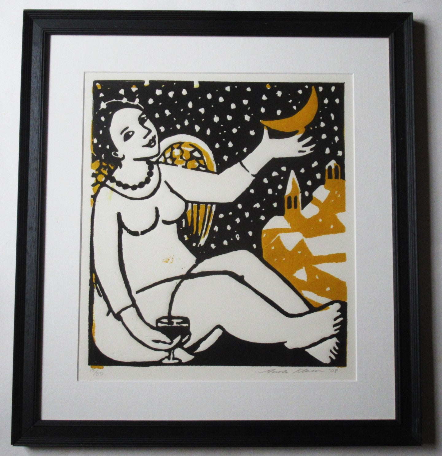 Anita Klein, 2008 woodcut print, 17 of 50, Angel of the Winter Moon, framed