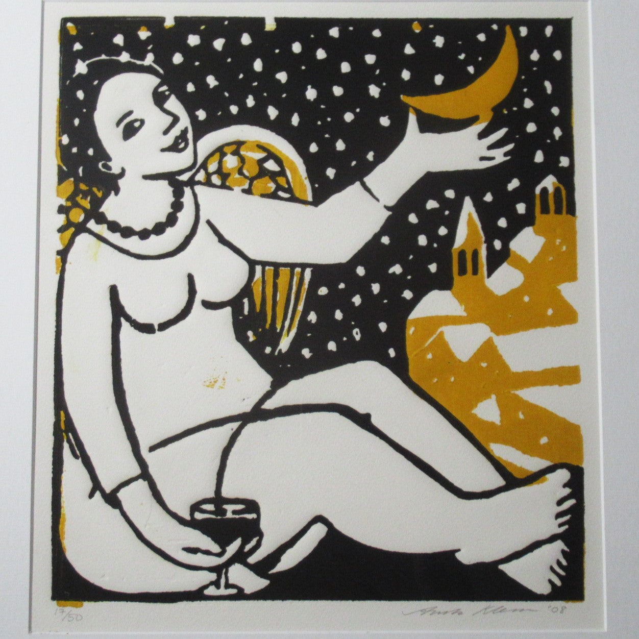 Anita Klein, 2008 woodcut print, 17 of 50, Angel of the Winter Moon, framed