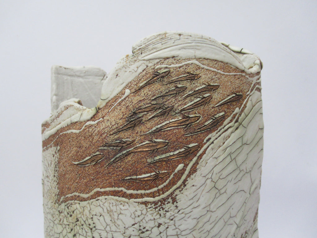 Laurel Keeley, British, large studio pottery fish design stoneware vase, 2007