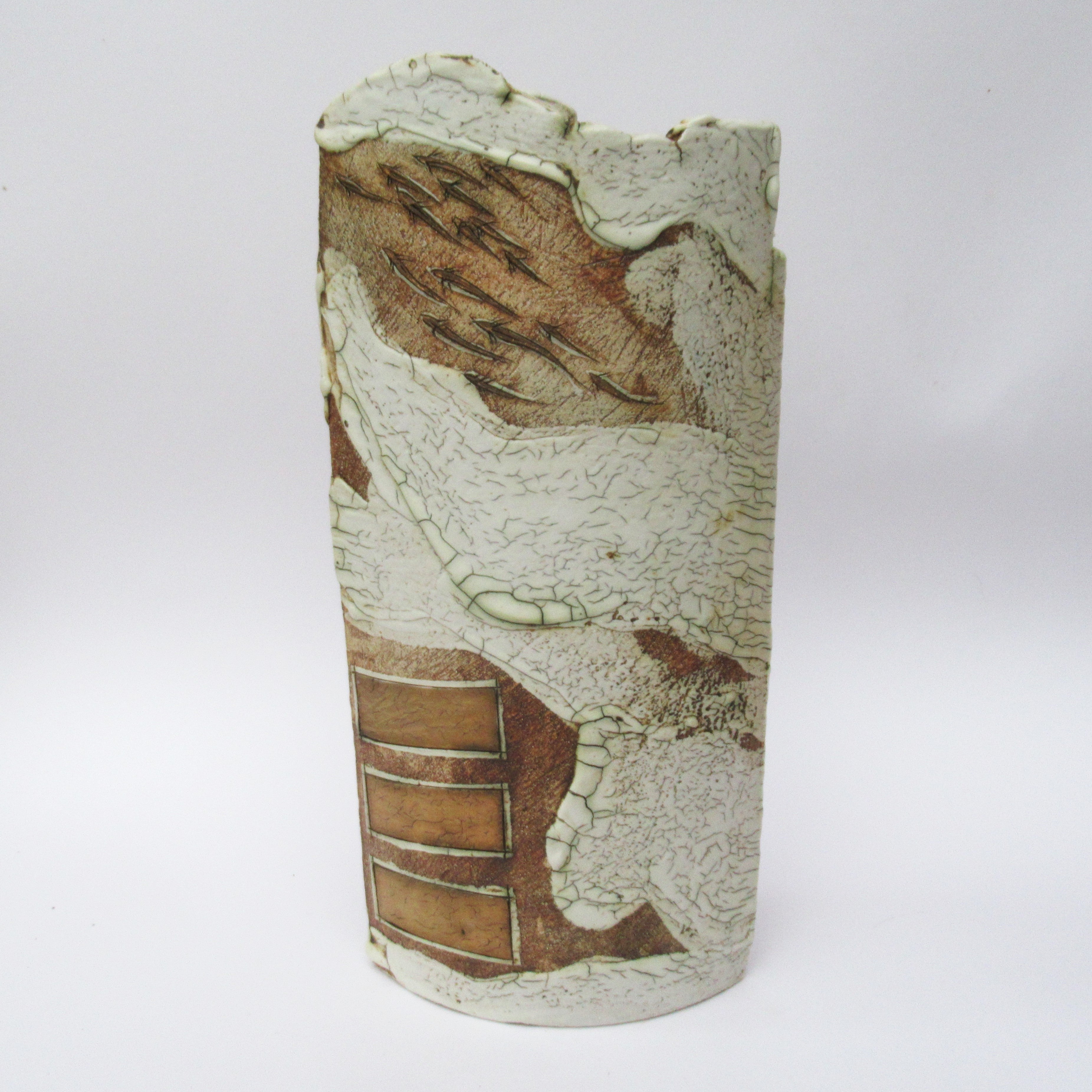 Laurel Keeley, British, large studio pottery fish design stoneware vase, 2007