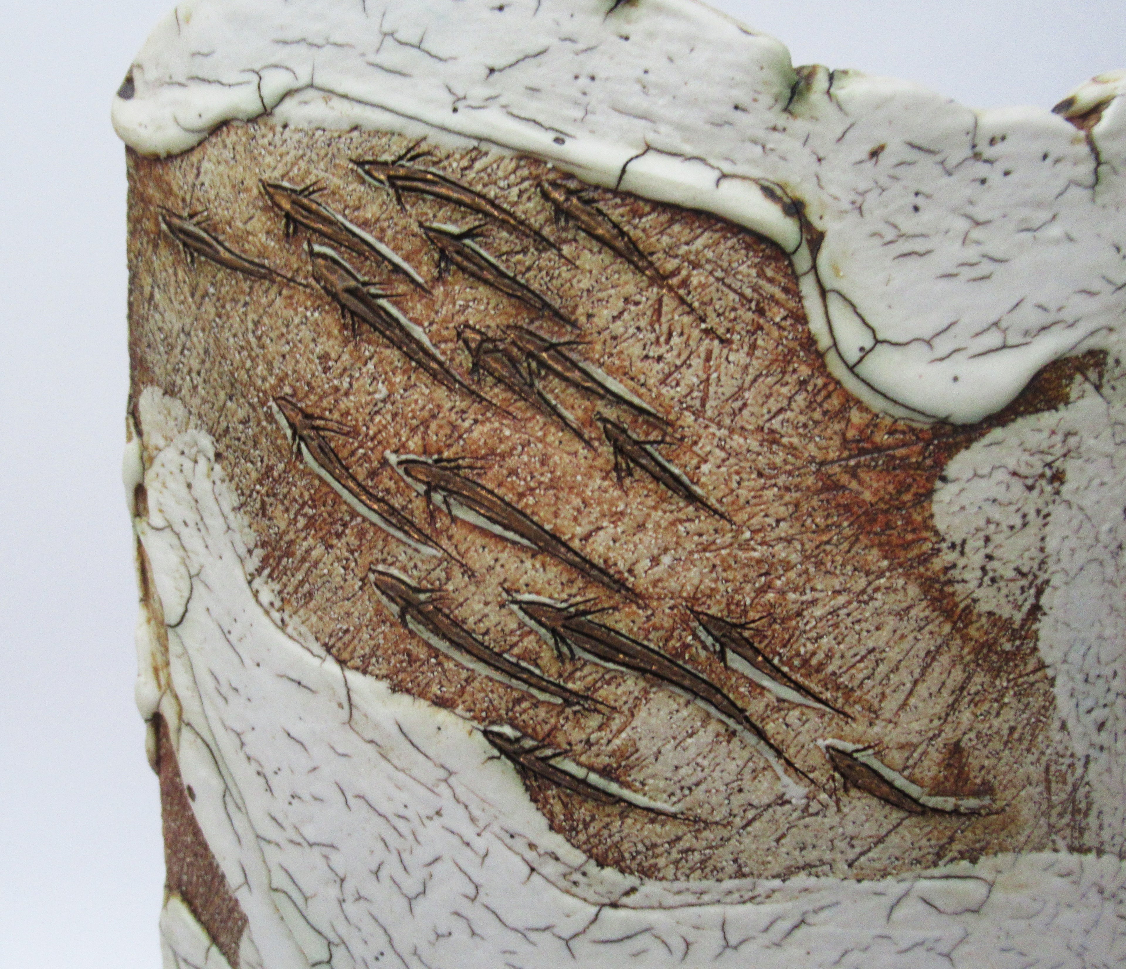 Laurel Keeley, British, large studio pottery fish design stoneware vase, 2007