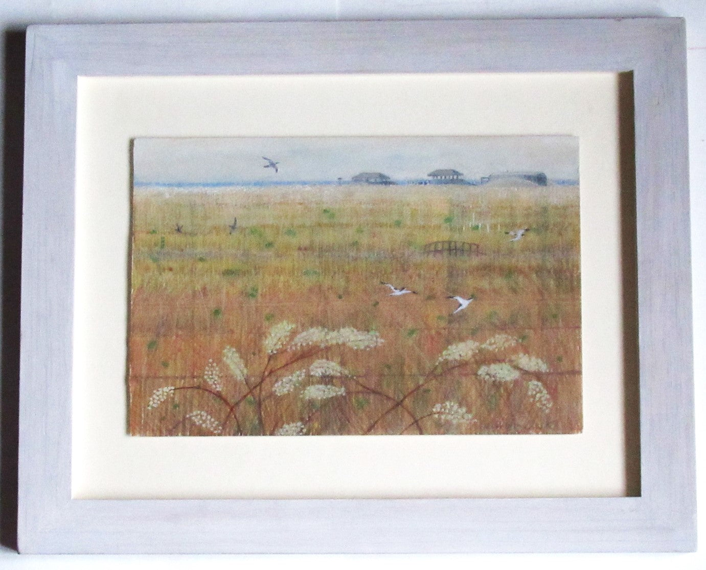 Caroline McAdam Clark oil on board painting, Orford Ness, Suffolk, c1990, framed