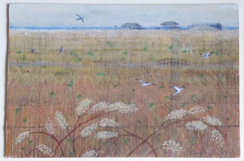 Caroline McAdam Clark oil on board painting, Orford Ness, Suffolk, c1990, framed