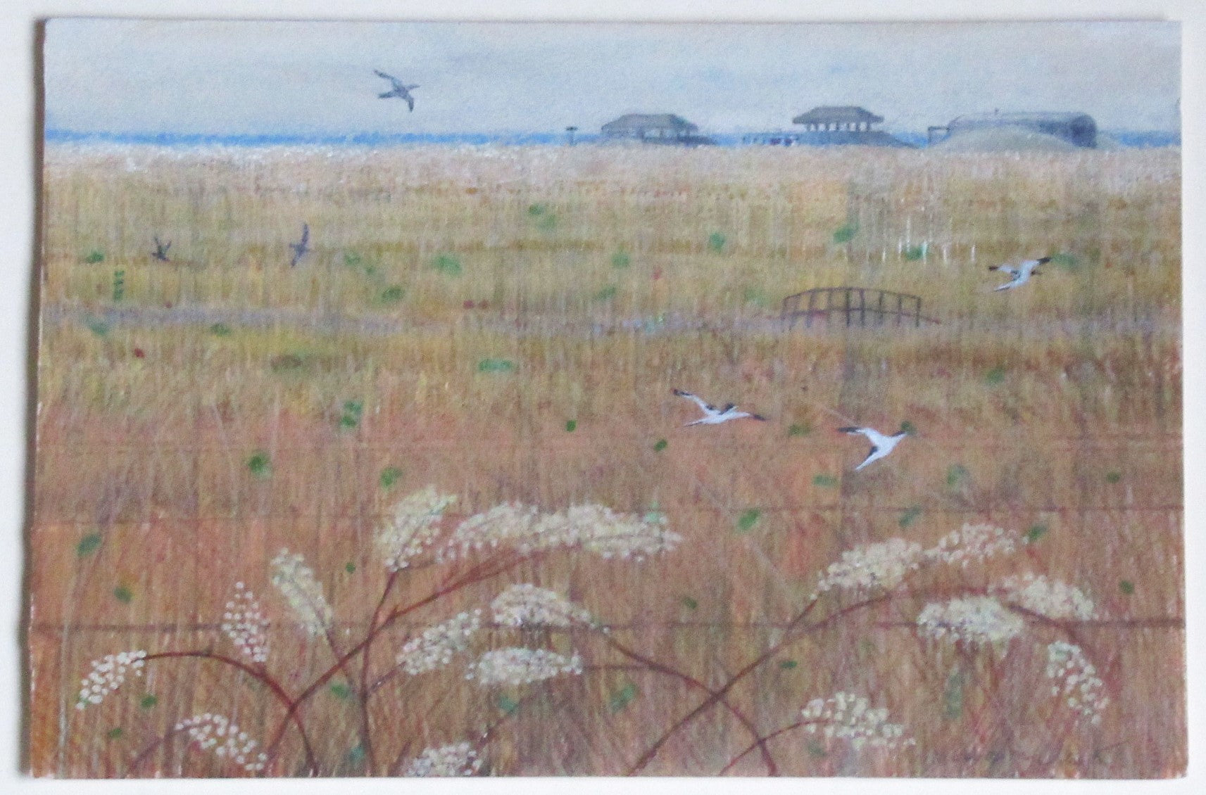Caroline McAdam Clark oil on board painting, Orford Ness, Suffolk, c1990, framed