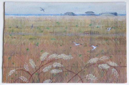 Caroline McAdam Clark oil on board painting, Orford Ness, Suffolk, c1990, framed
