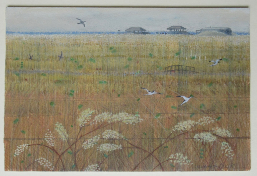 Caroline McAdam Clark oil on board painting, Orford Ness, Suffolk, c1990, framed