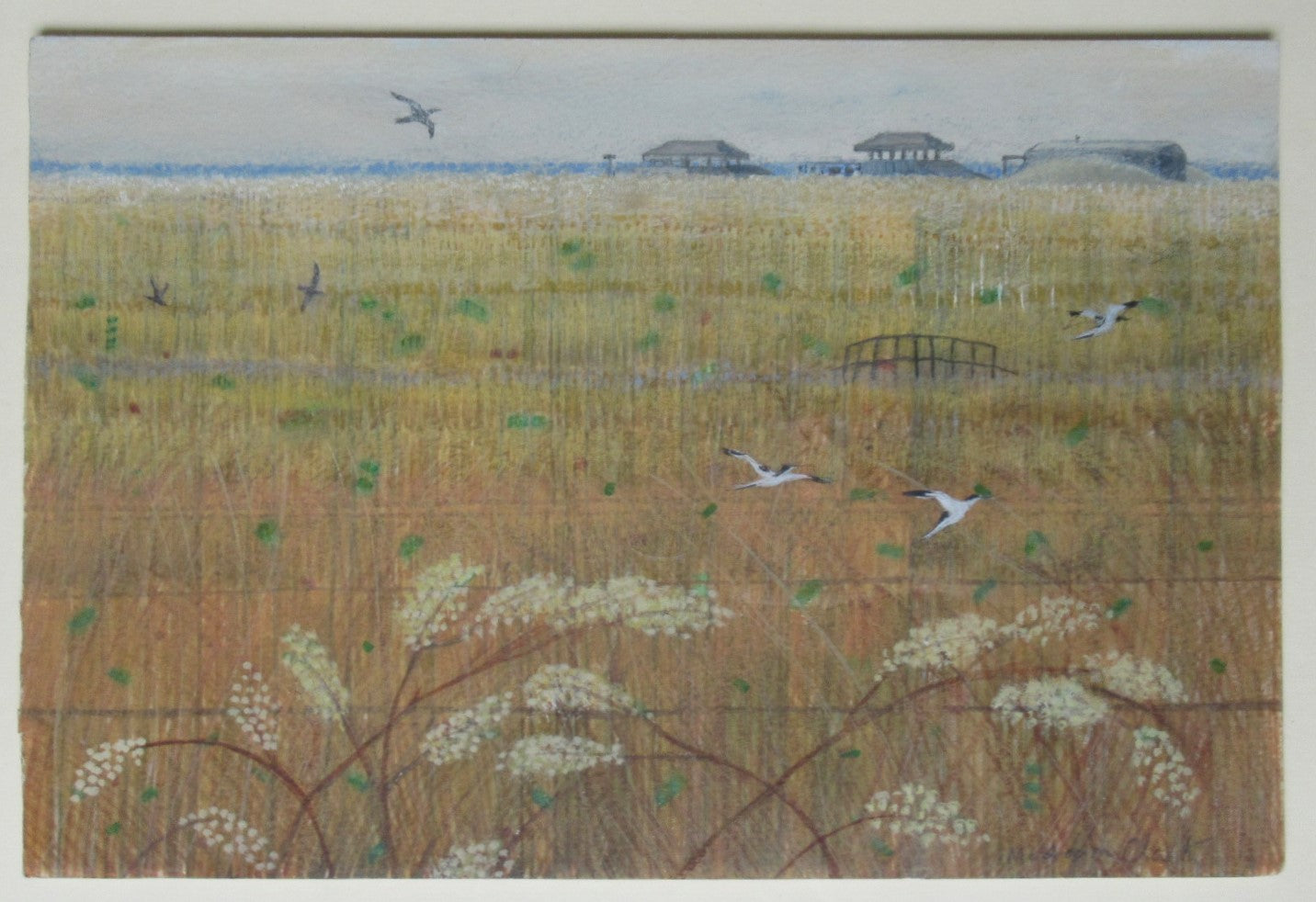 Caroline McAdam Clark oil on board painting, Orford Ness, Suffolk, c1990, framed