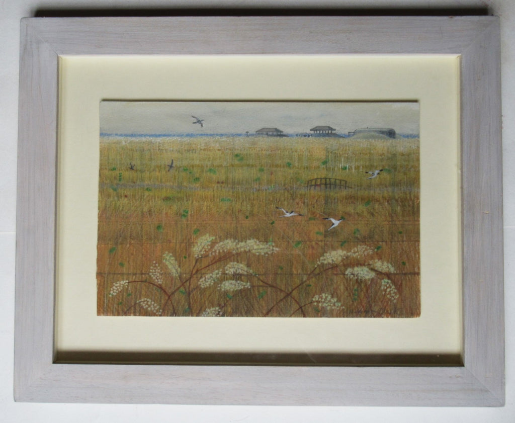 Caroline McAdam Clark oil on board painting, Orford Ness, Suffolk, c1990, framed