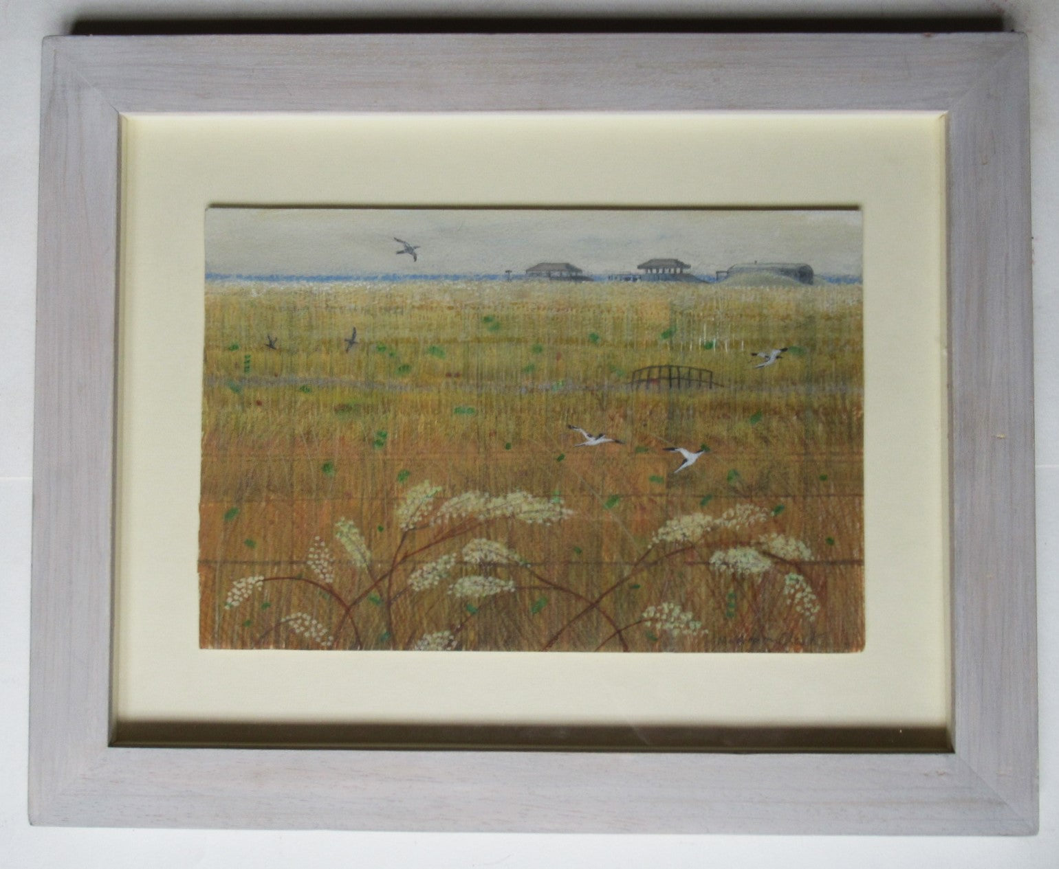 Caroline McAdam Clark oil on board painting, Orford Ness, Suffolk, c1990, framed