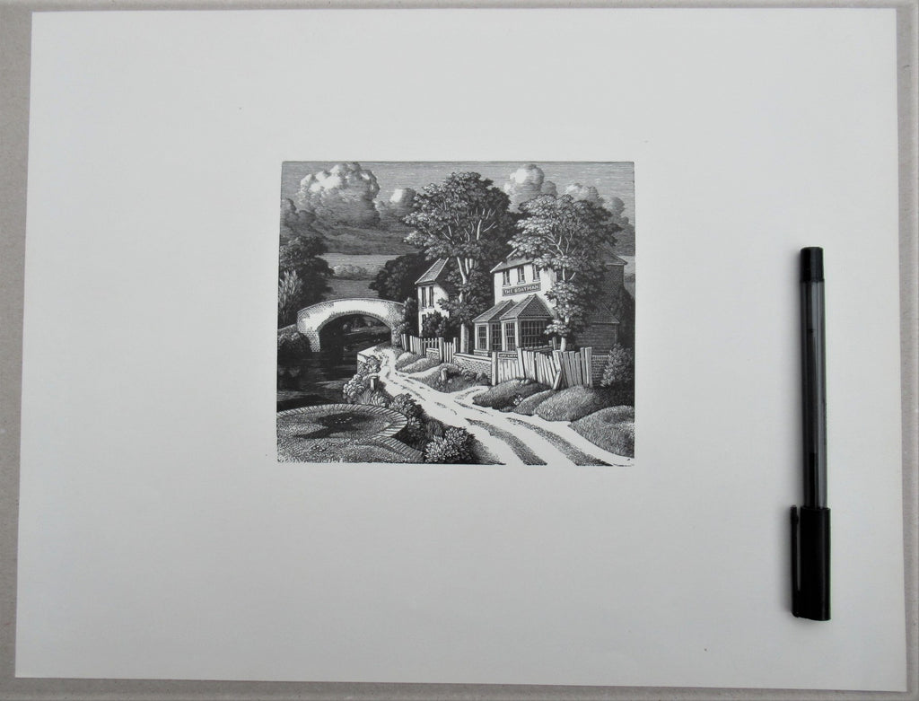 Original wood engraving print by George Mackley, The Boatman Inn, engraved c1969