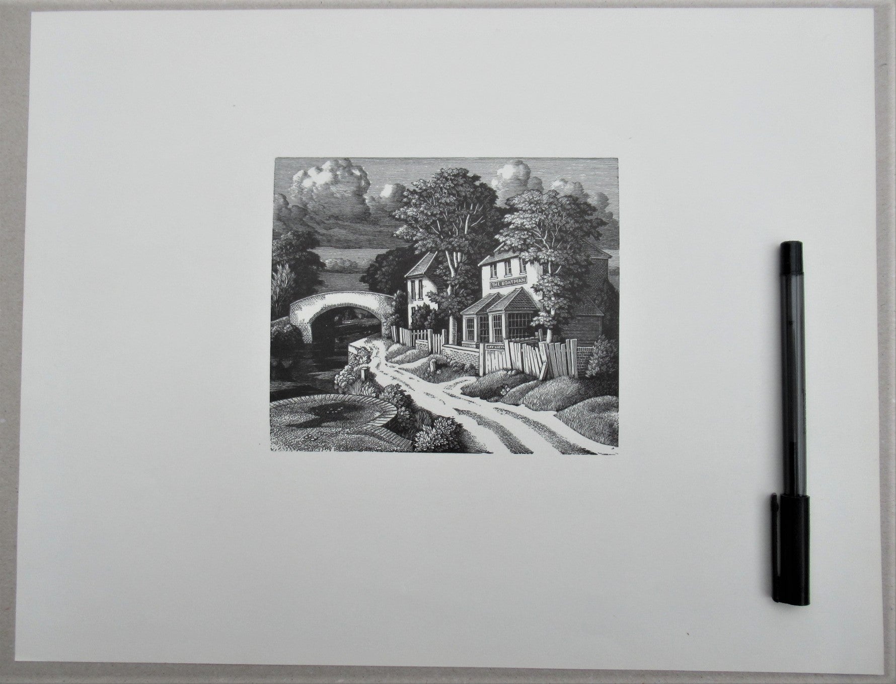 Original wood engraving print by George Mackley, The Boatman Inn, engraved c1969