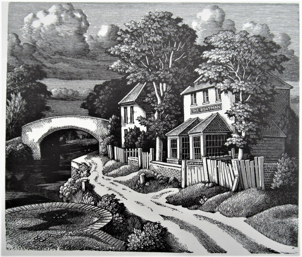 Original wood engraving print by George Mackley, The Boatman Inn, engraved c1969