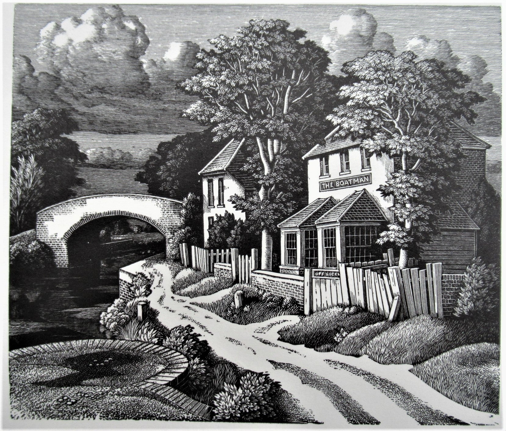 Original wood engraving print by George Mackley, The Boatman Inn, engraved c1969