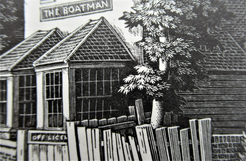 Original wood engraving print by George Mackley, The Boatman Inn, engraved c1969